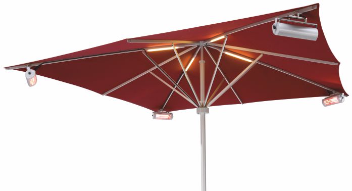 Sonnenschirm mit LEDs und Heizstrahlern